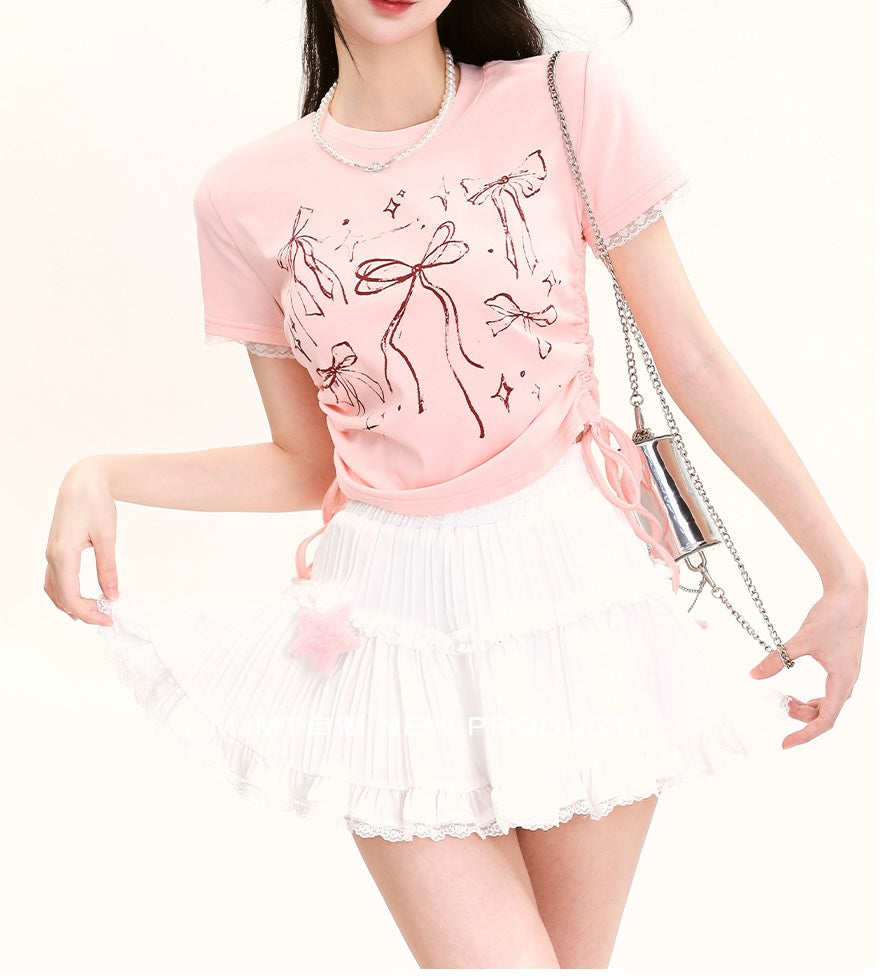 【HOOK】for　girls　裾シャーリングリボンプリント半袖TEE