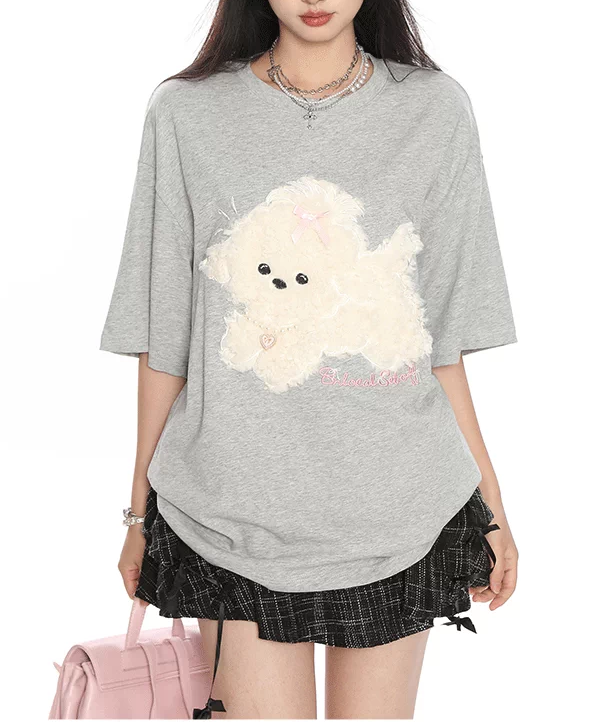 【HOOK】for girls ふわふわドッグ刺繍Tシャツ