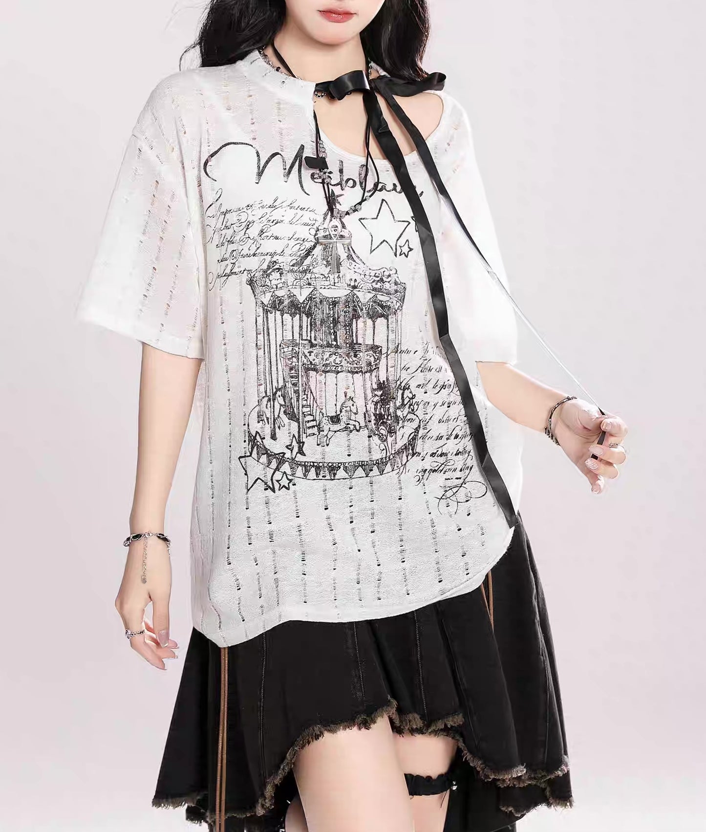 【HOOK】for girls リボン付きゴシックTシャツ