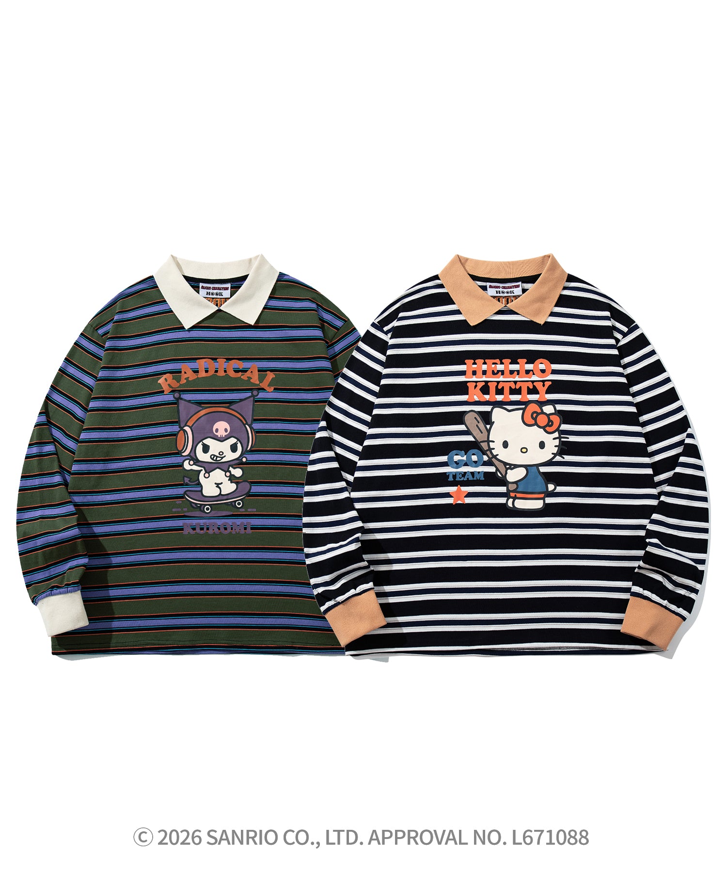 HOOK -original- SANRIO CHARACTERS Collaboration Polo-Collar Multi-Stripe Long-Sleeve T-Shirt