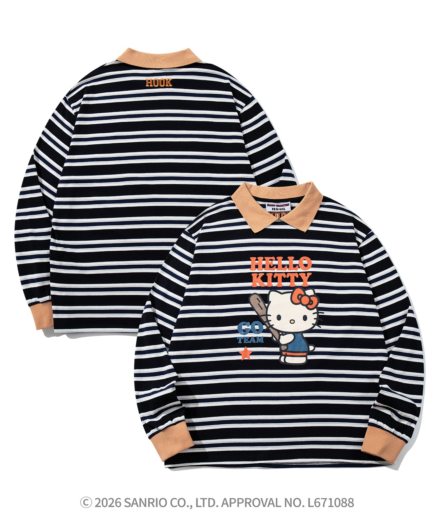 HOOK -original- SANRIO CHARACTERS Collaboration Polo-Collar Multi-Stripe Long-Sleeve T-Shirt