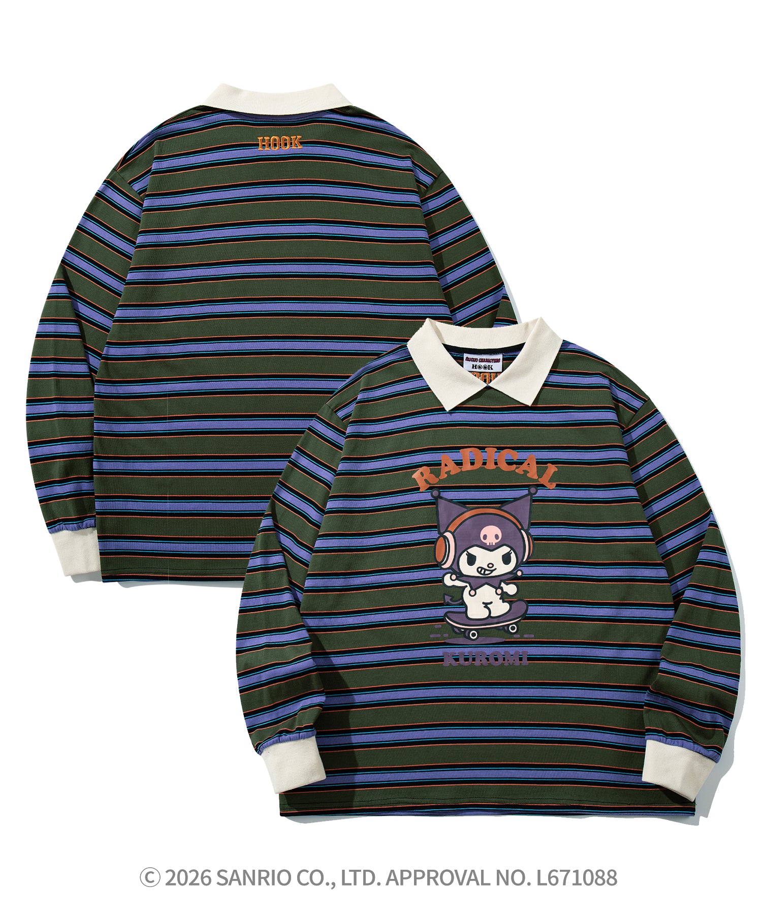 HOOK -original- SANRIO CHARACTERS Collaboration Polo-Collar Multi-Stripe Long-Sleeve T-Shirt