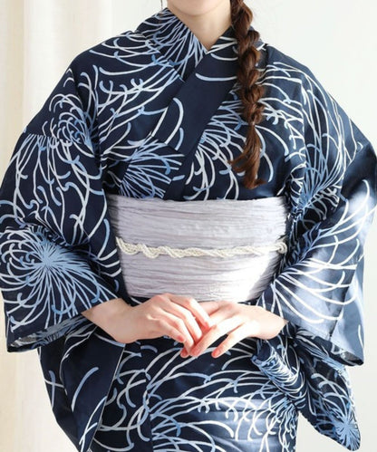 花模様コットン浴衣4点セット ゆかた・へこ帯・下駄・髪飾り