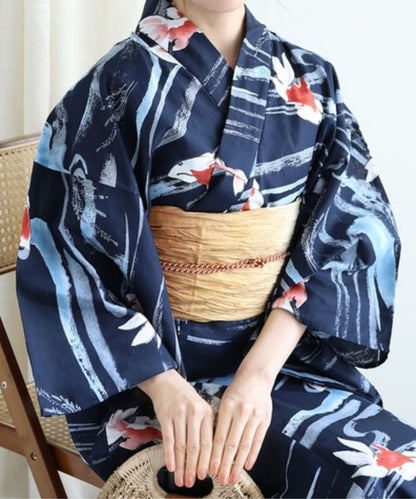 花模様コットン浴衣4点セット ゆかた・へこ帯・下駄・髪飾り