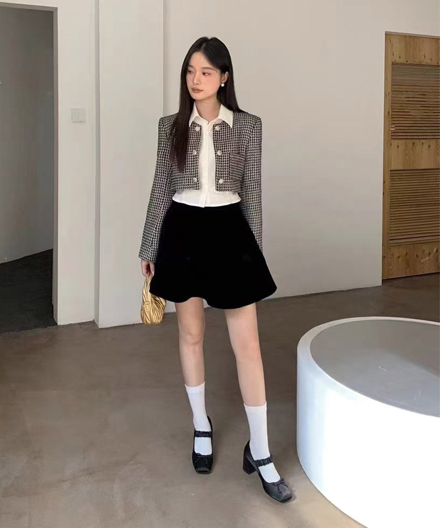 Jasmine】千鳥柄ノンカラージャケット＋グロップドシャツベスト