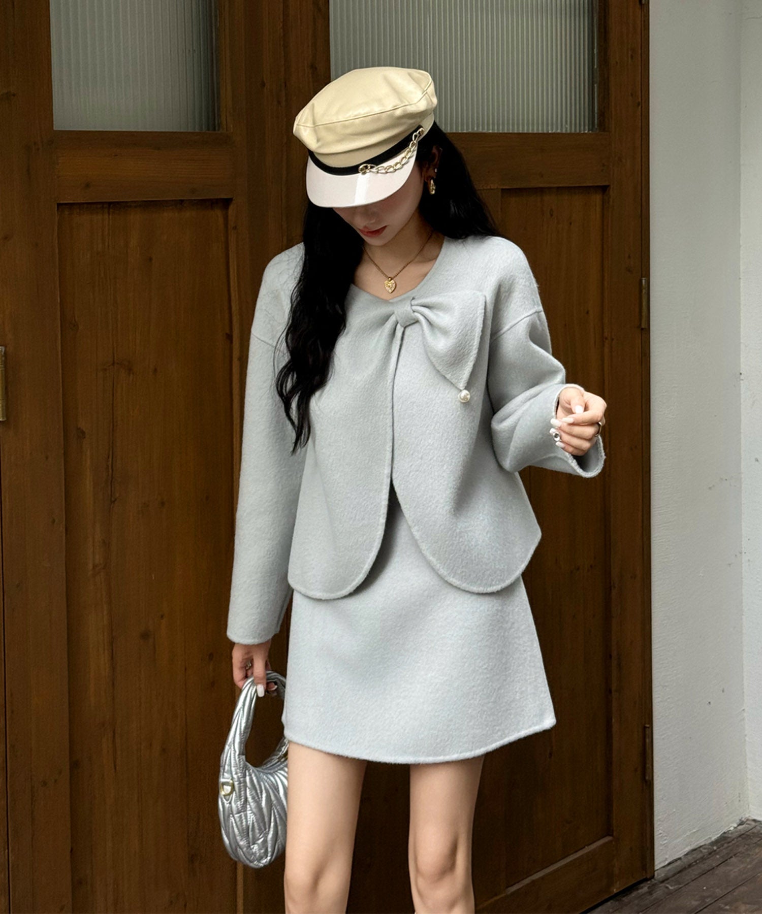 【Jasmine】リボンノーカラーリバーウールコート ショート丈