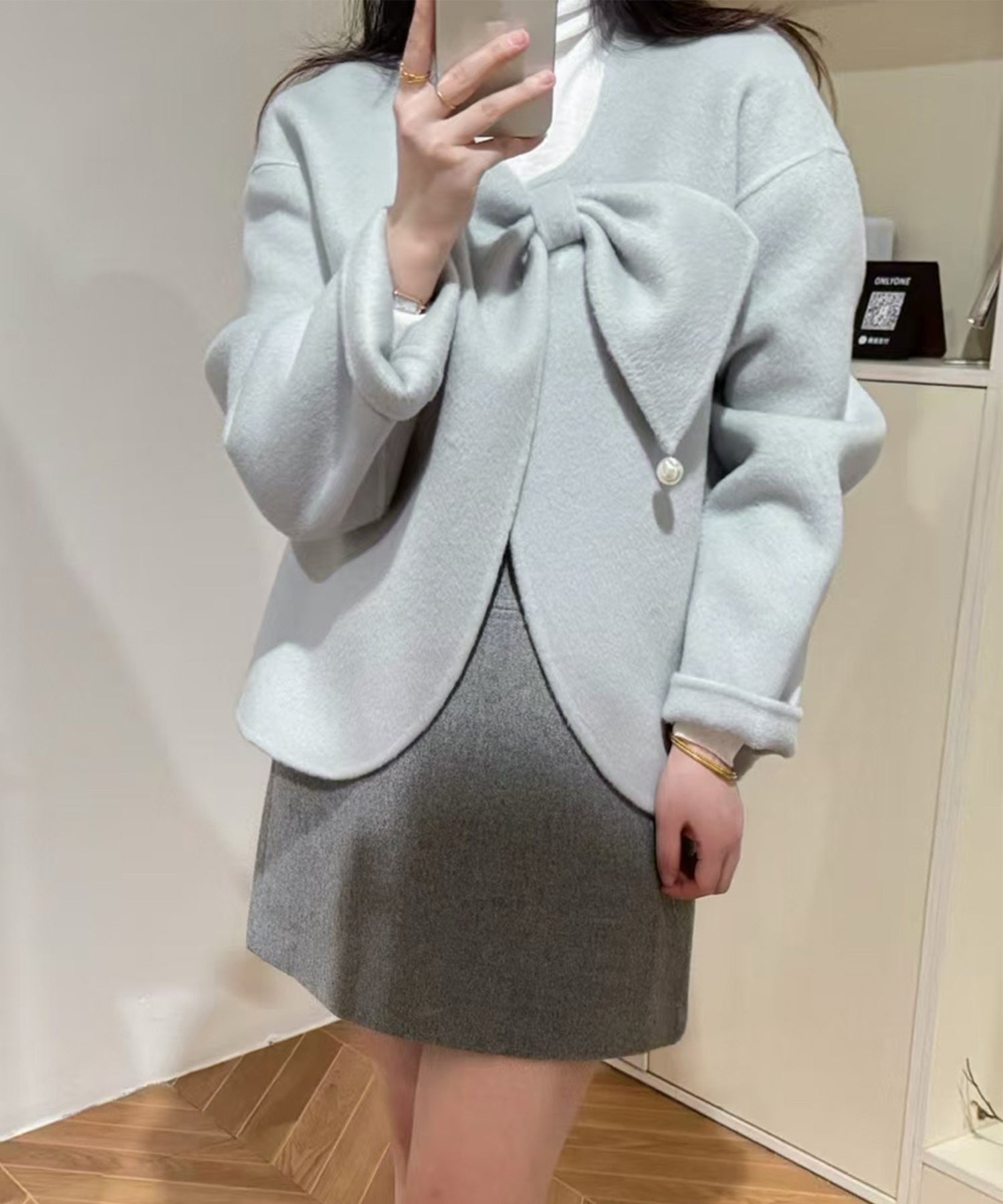 【Jasmine】リボンノーカラーリバーウールコート ショート丈