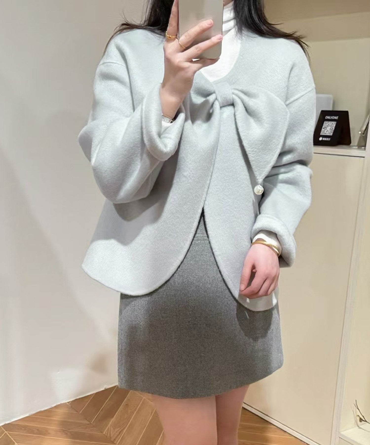 【Jasmine】リボンノーカラーリバーウールコート ショート丈