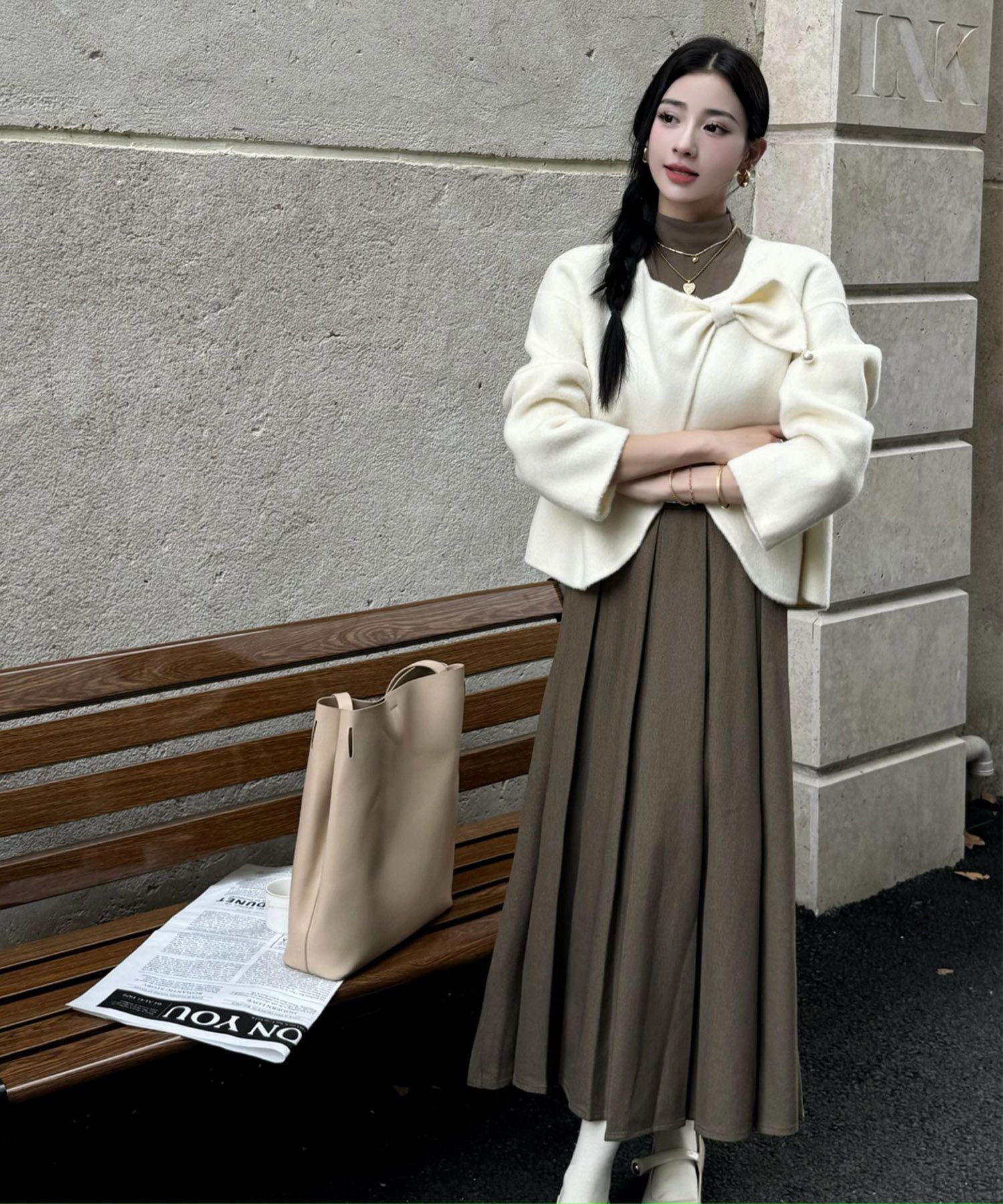 【Jasmine】リボンノーカラーリバーウールコート ショート丈