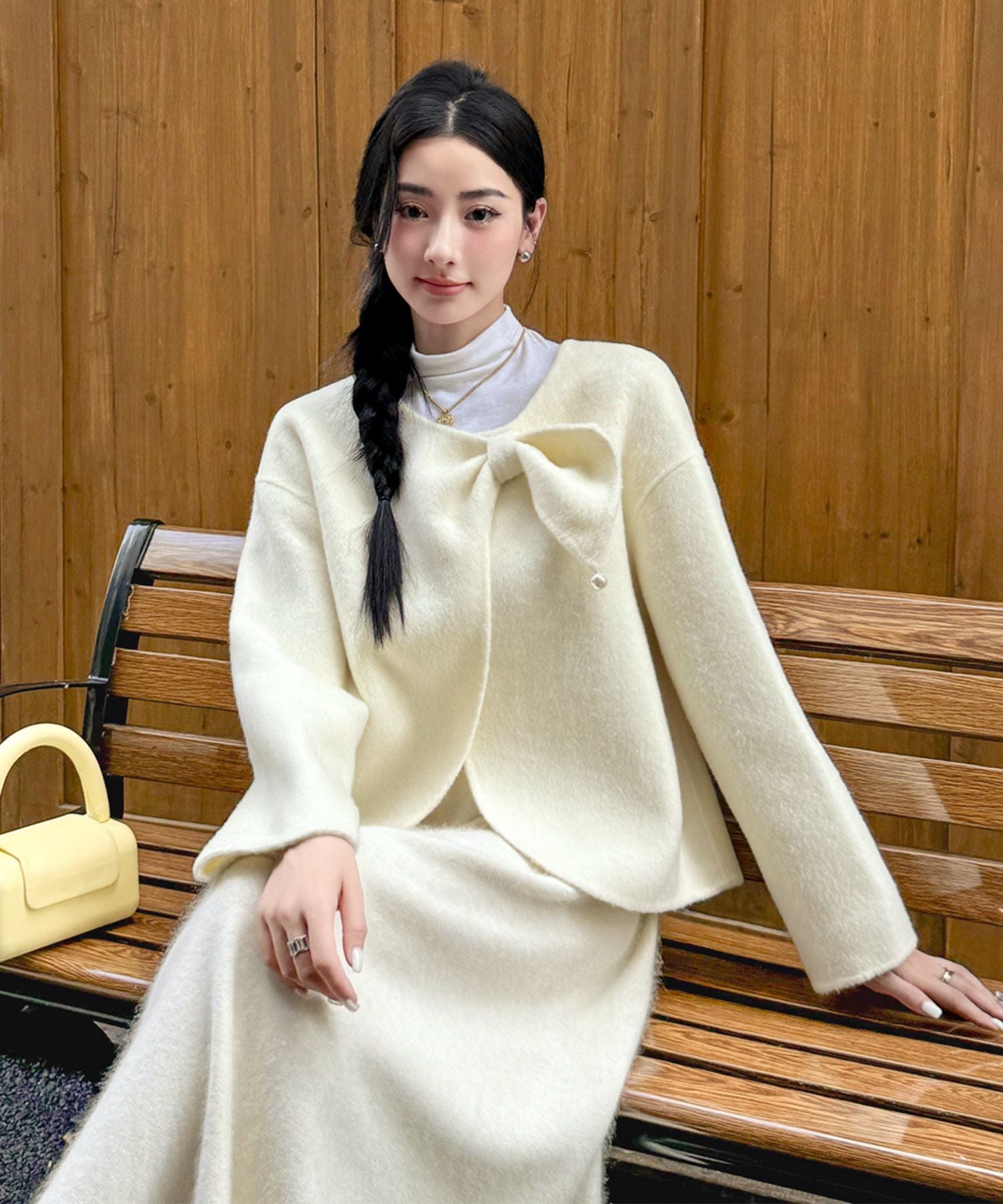 【Jasmine】リボンノーカラーリバーウールコート ショート丈