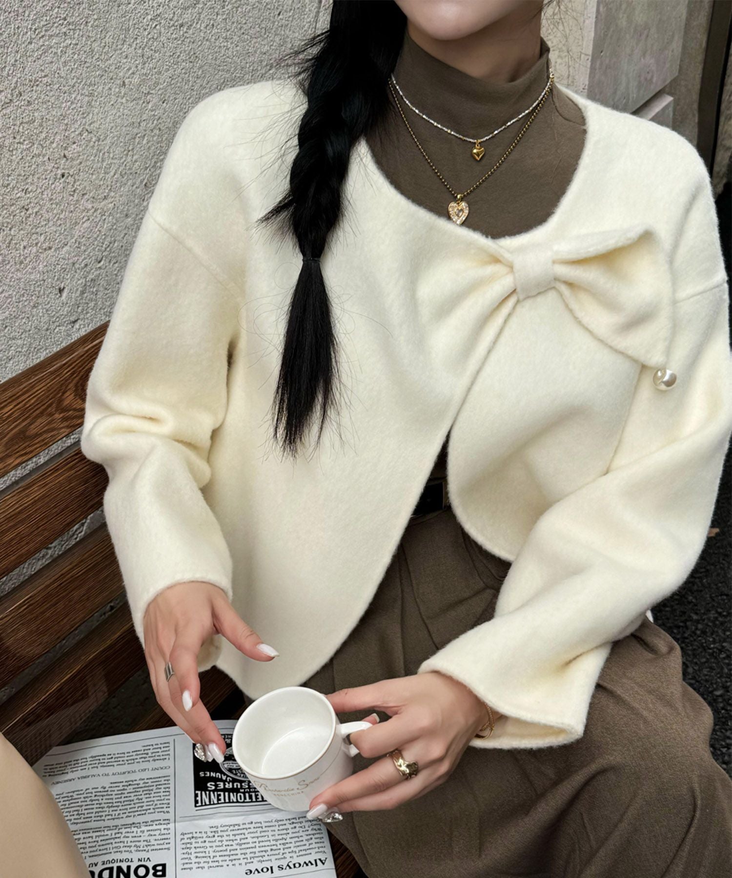 【Jasmine】リボンノーカラーリバーウールコート ショート丈