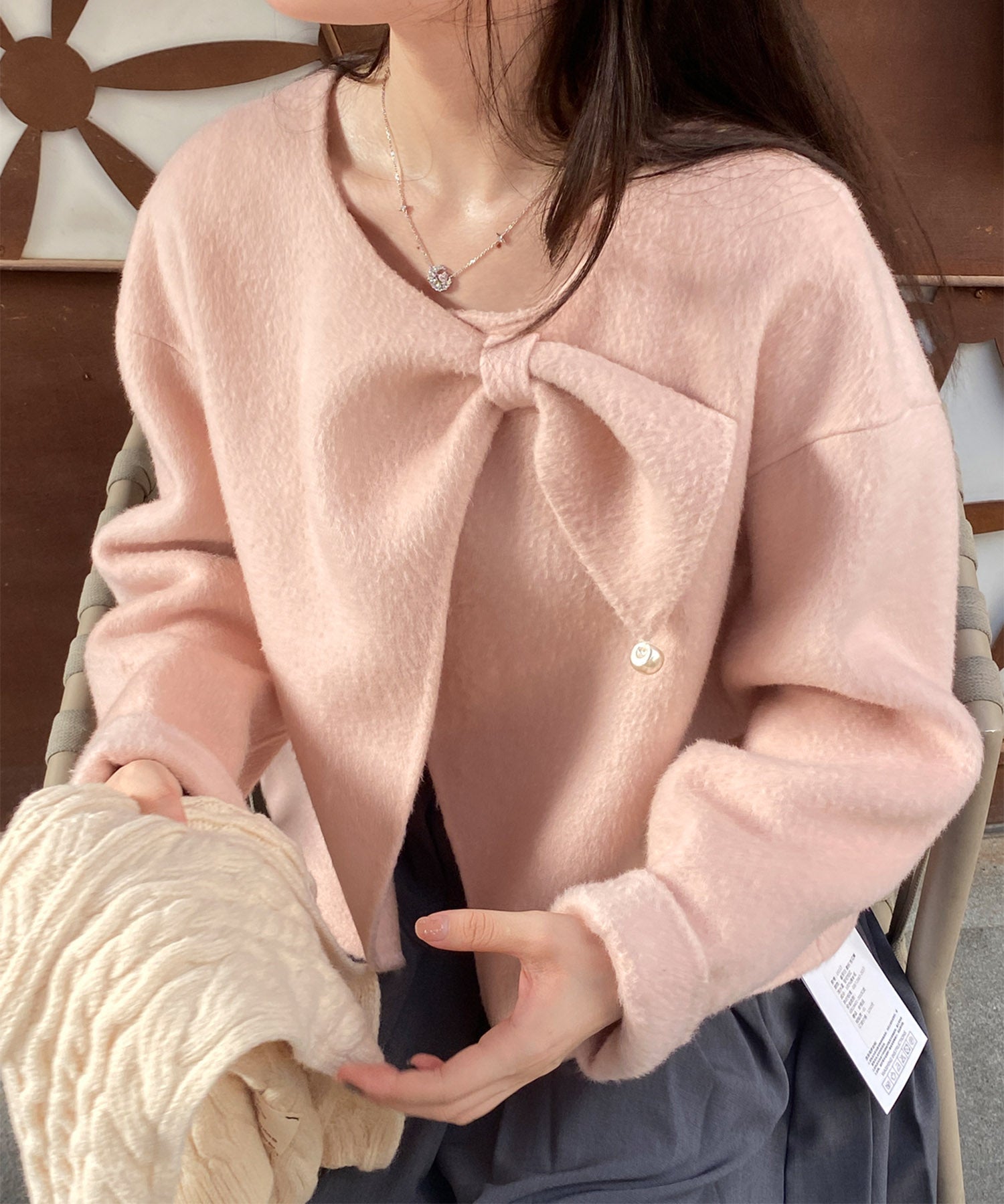 【Jasmine】リボンノーカラーリバーウールコート ショート丈