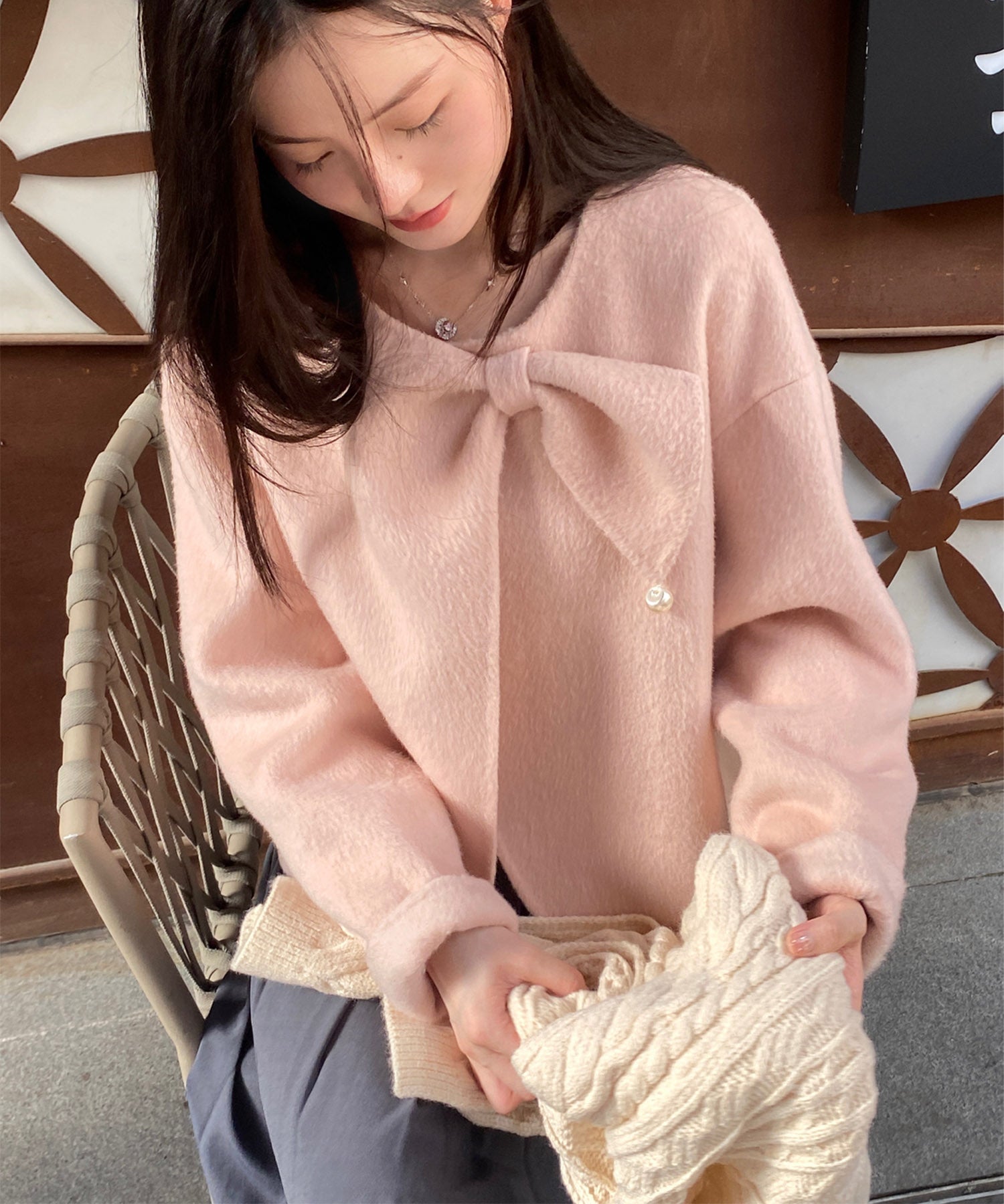 【Jasmine】リボンノーカラーリバーウールコート ショート丈