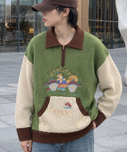 [HOOK] Vintage clothing style character embroidery switching polo knit