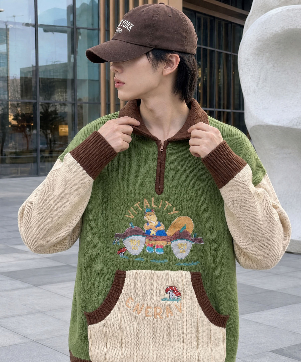 [HOOK] Vintage clothing style character embroidery switching polo knit