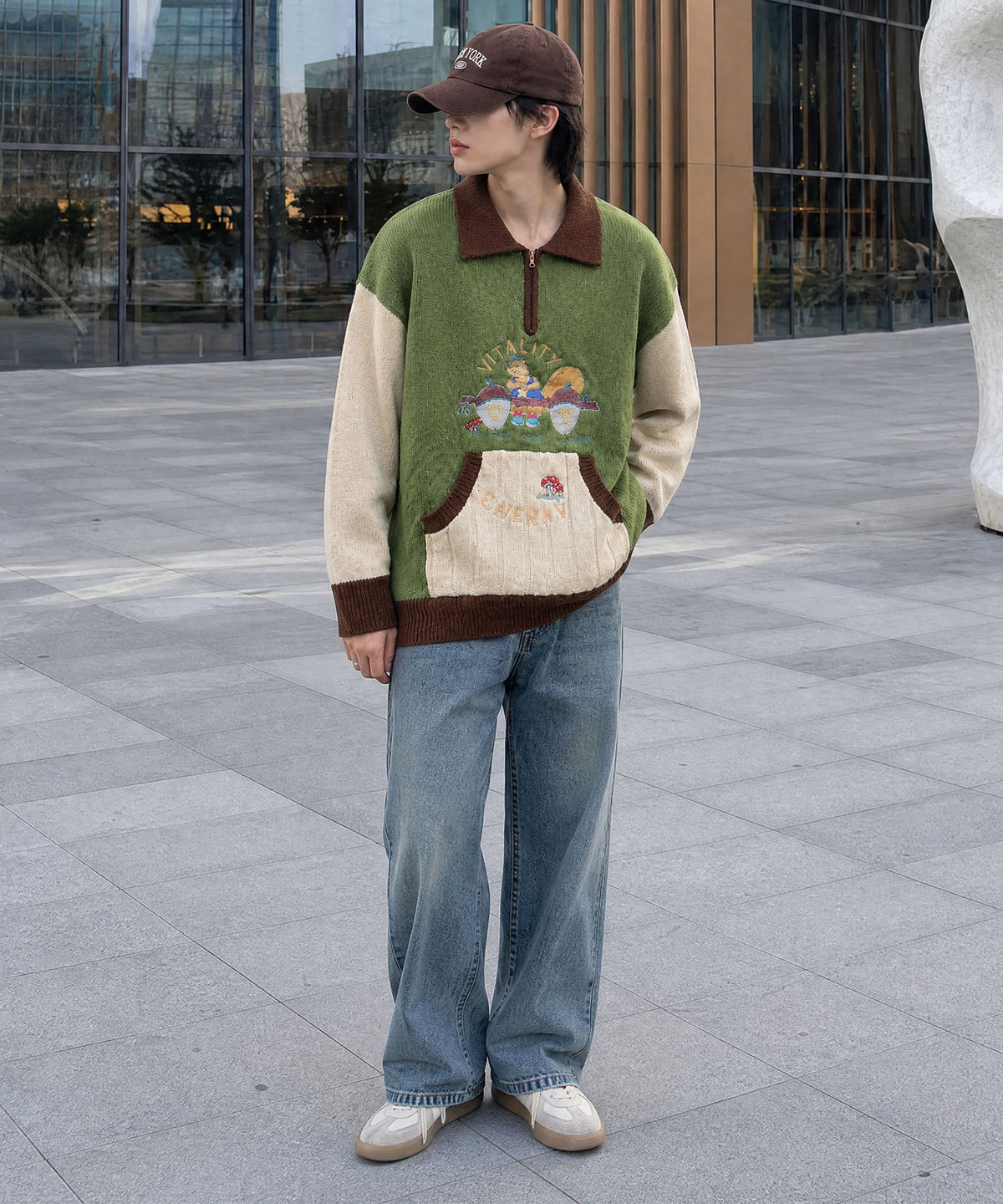 [HOOK] Vintage clothing style character embroidery switching polo knit