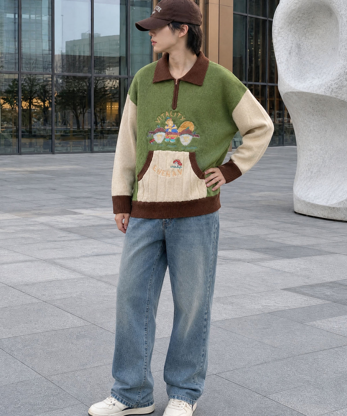 [HOOK] Vintage clothing style character embroidery switching polo knit
