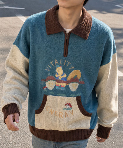 [HOOK] Vintage clothing style character embroidery switching polo knit