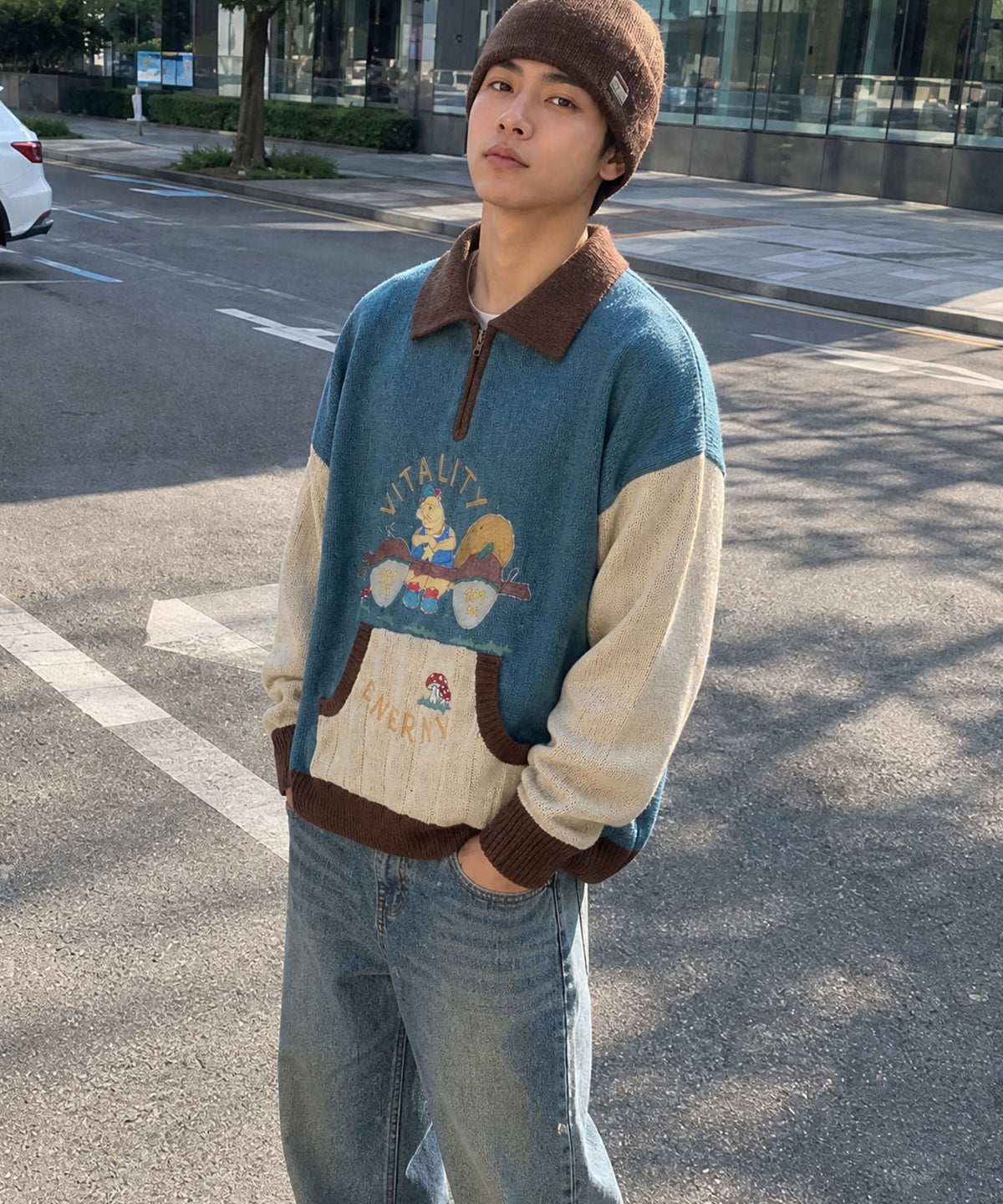 [HOOK] Vintage clothing style character embroidery switching polo knit