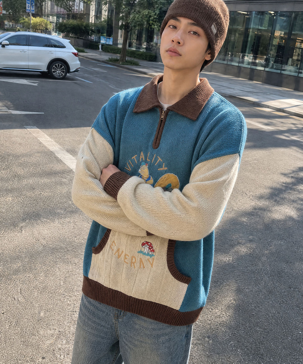 [HOOK] Vintage clothing style character embroidery switching polo knit
