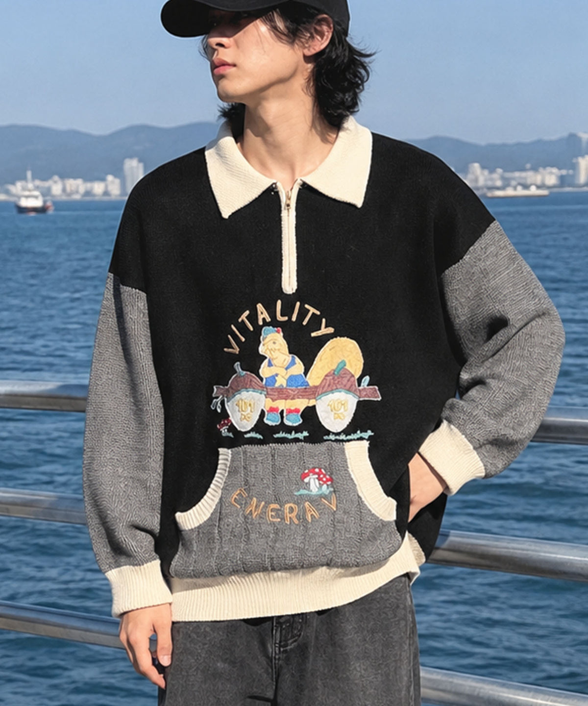 [HOOK] Vintage clothing style character embroidery switching polo knit