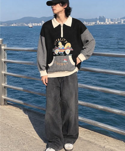 [HOOK] Vintage clothing style character embroidery switching polo knit