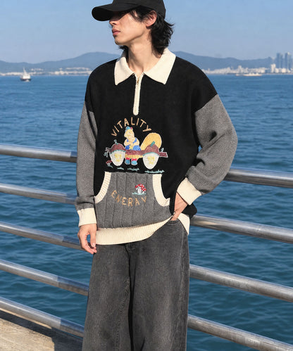 [HOOK] Vintage clothing style character embroidery switching polo knit