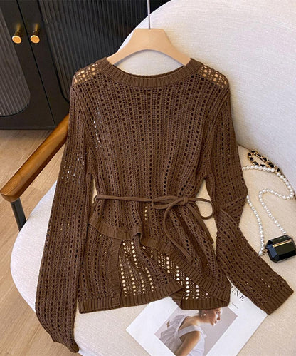 ウエストリボン付きメッシュニットトップス