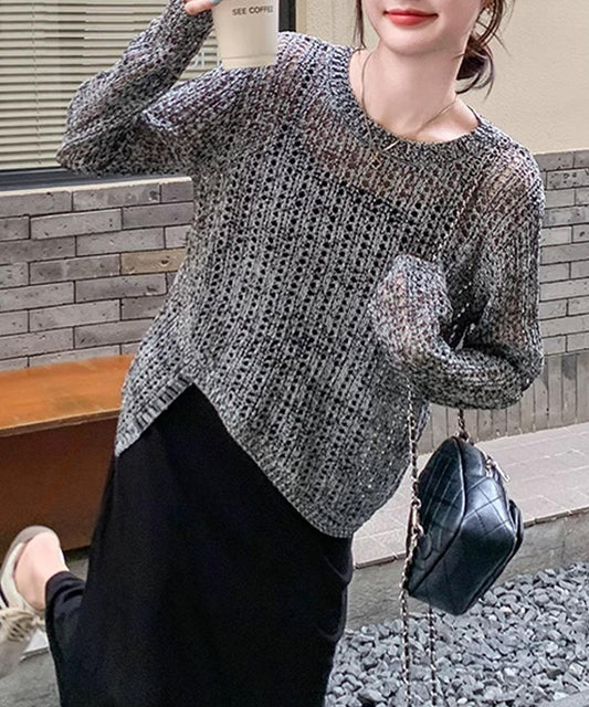 ウエストリボン付きメッシュニットトップス