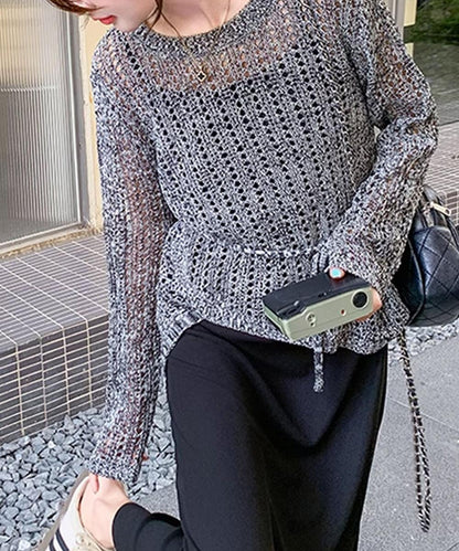 ウエストリボン付きメッシュニットトップス