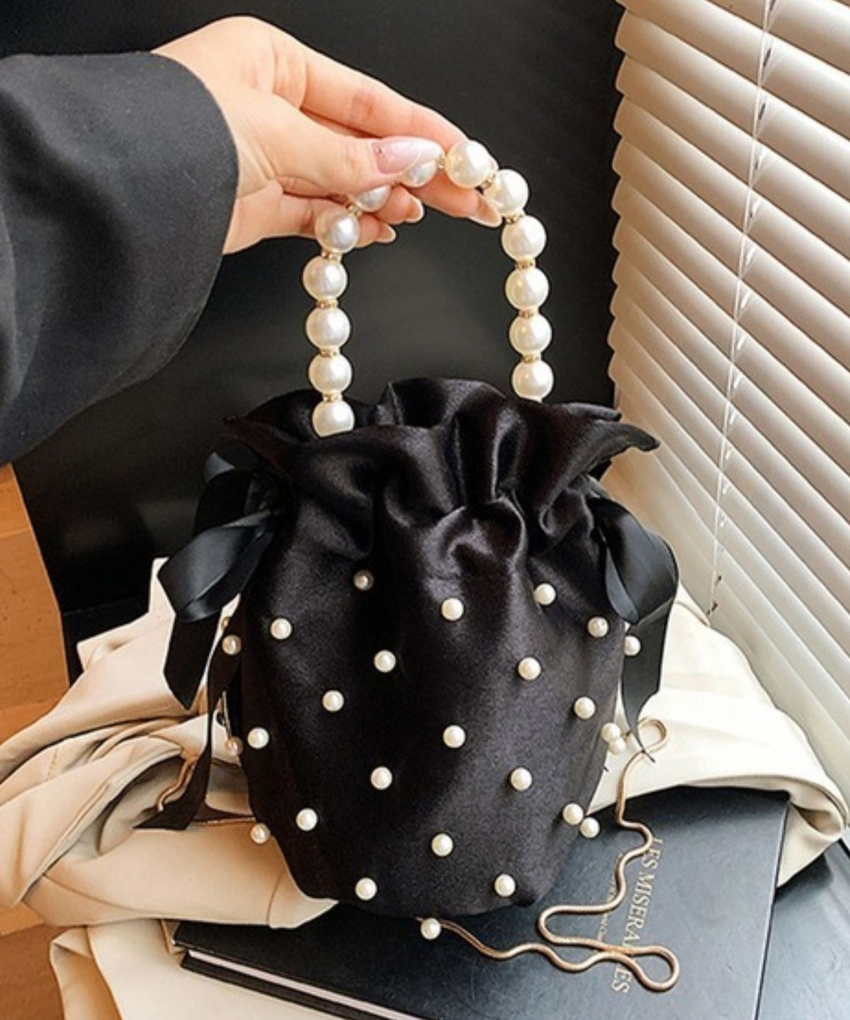 【Jasmine】パールリボン巾着チェーンショルダーバッグ