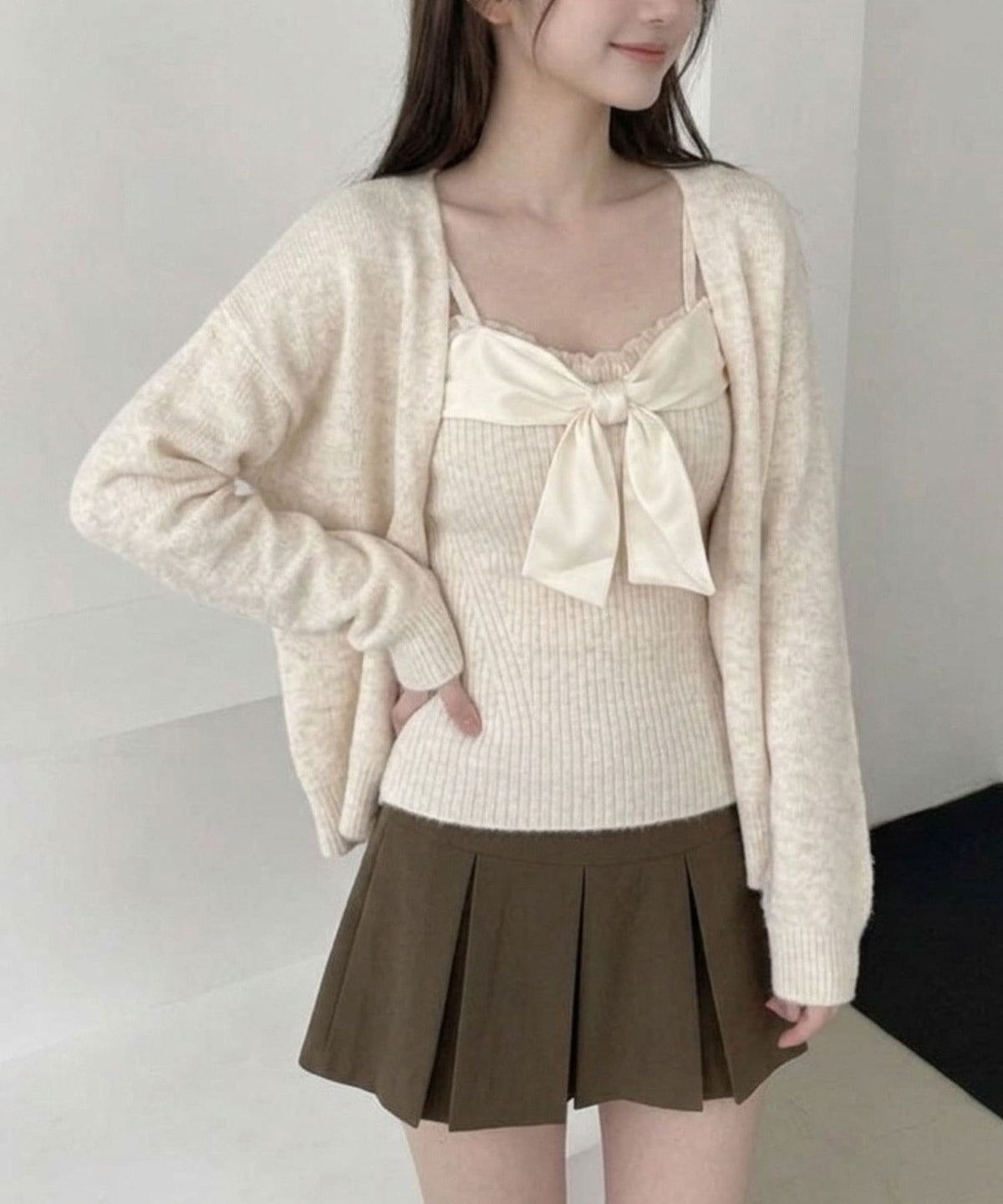 Jasmine Grandiflorum/リボンニットキャミロングカーデセット