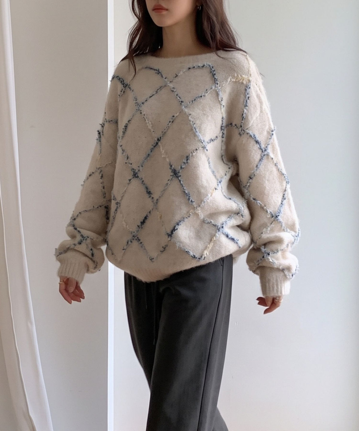 aimoha/配色ダイヤ柄シャギーニット