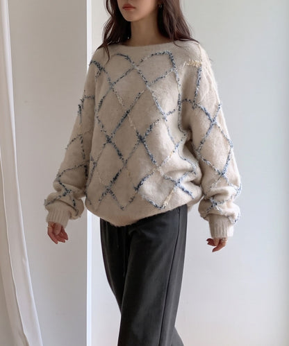 aimoha/配色ダイヤ柄シャギーニット