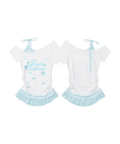 HOOK for girls　星×ロゴプリント フリルヘム ワンショルダー半袖トップス (SS)