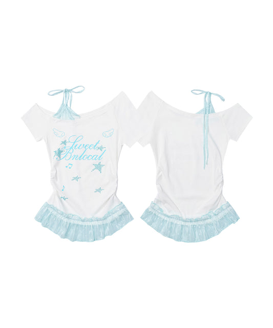 HOOK for girls　星×ロゴプリント フリルヘム ワンショルダー半袖トップス (SS)