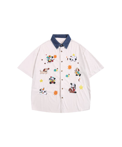 【HOOK -select- 】レトロ調キャラ刺繍夏コーデュロイ半袖シャツ