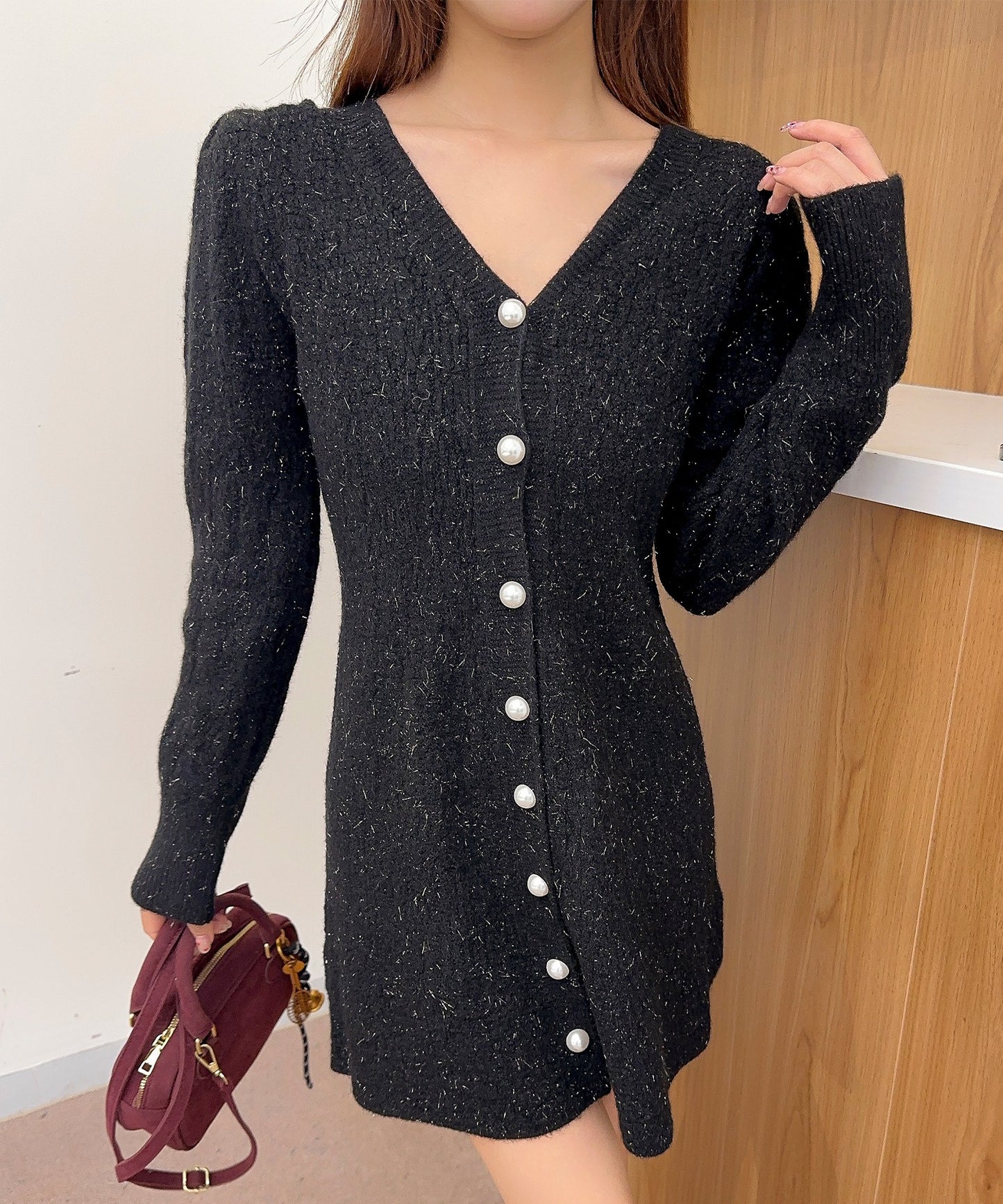 【Jasmine】Vネックフレアミニニットワンピース