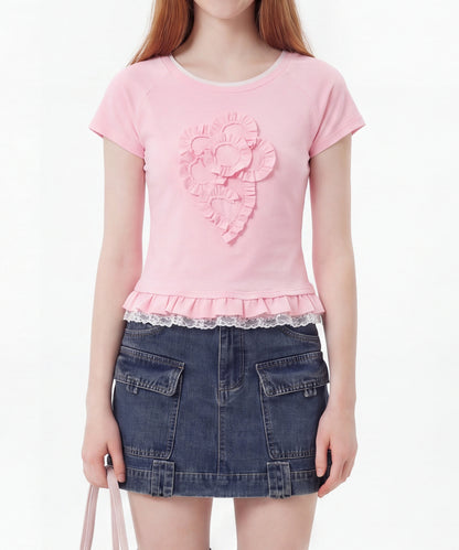 HOOK for girls　立体フリル裾レース半袖トップス (SS)