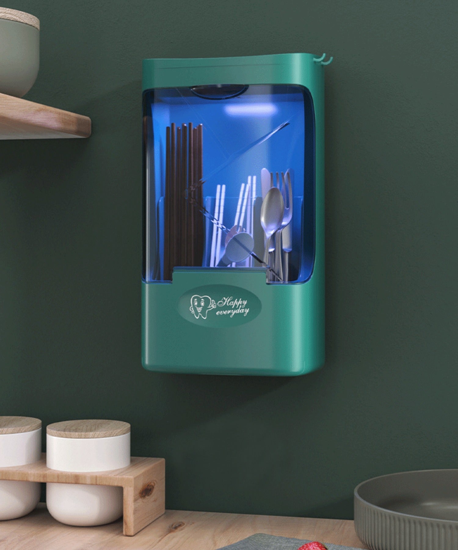 【壁穴あけ不要！】キッチン消毒箸置き/家庭用UV消毒/壁掛け箸収納ボックス