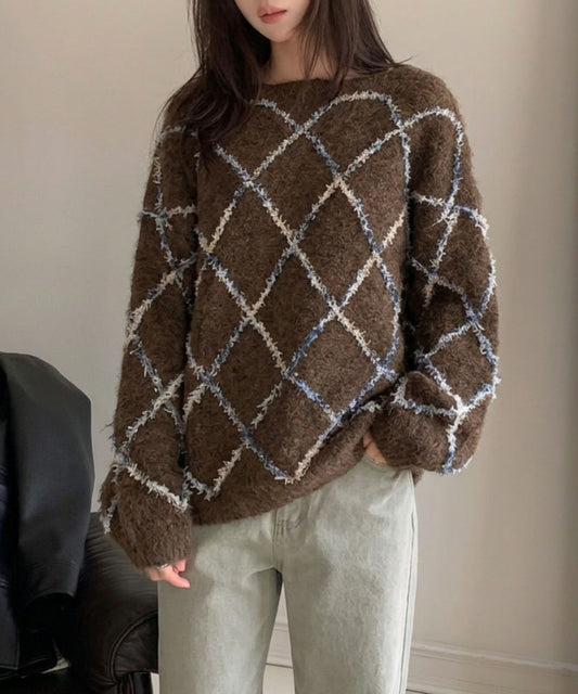 aimoha/配色ダイヤ柄シャギーニット