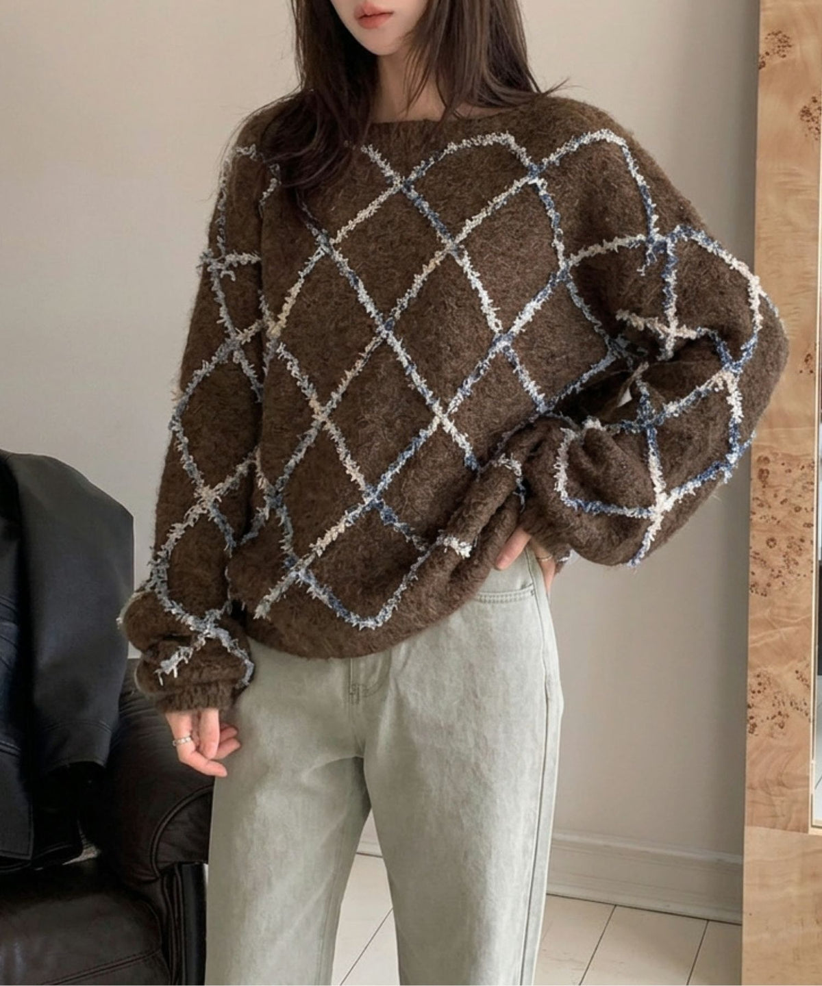 aimoha/配色ダイヤ柄シャギーニット