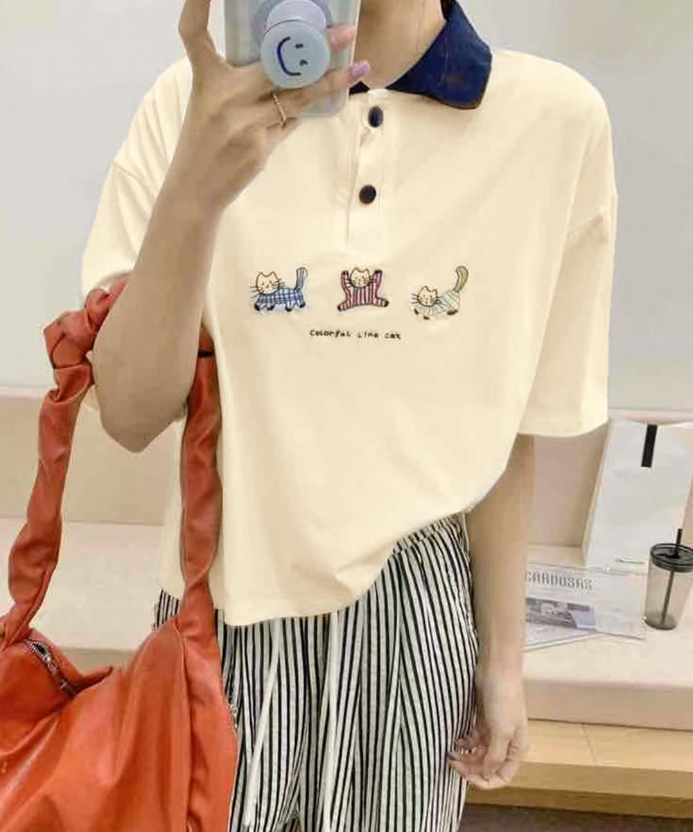 動物刺繍 コットンポロシャツ