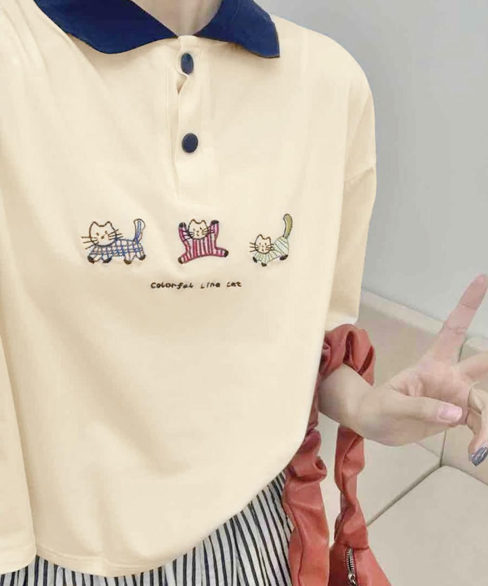 動物刺繍 コットンポロシャツ