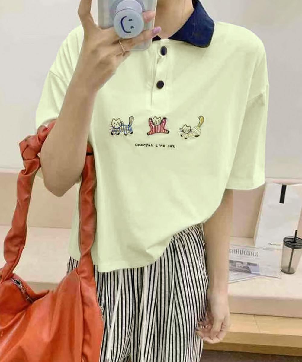動物刺繍 コットンポロシャツ
