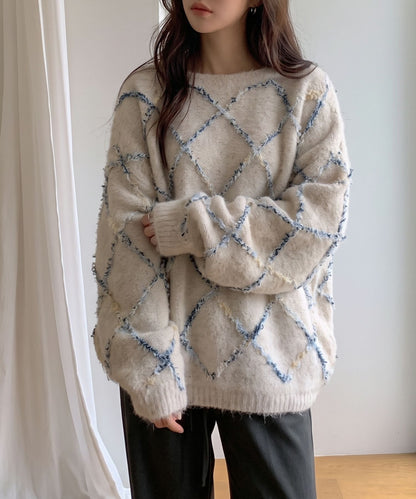 aimoha/配色ダイヤ柄シャギーニット