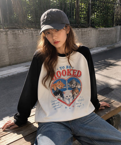 HOOK -original-　ハート猫プリントラグランスウェットプルオーバー