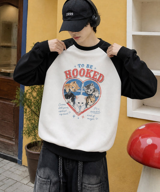 HOOK -original-　ハート猫プリントラグランスウェットプルオーバー