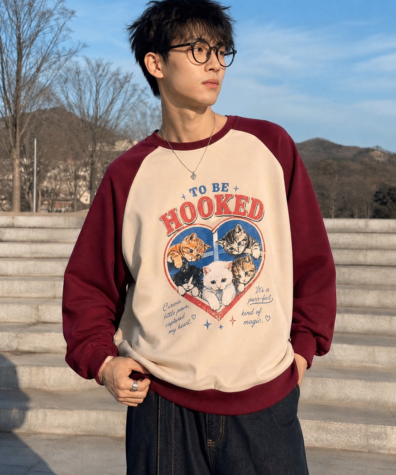 HOOK -original- Heart Cat Print Raglan Pullover Sweatshirt