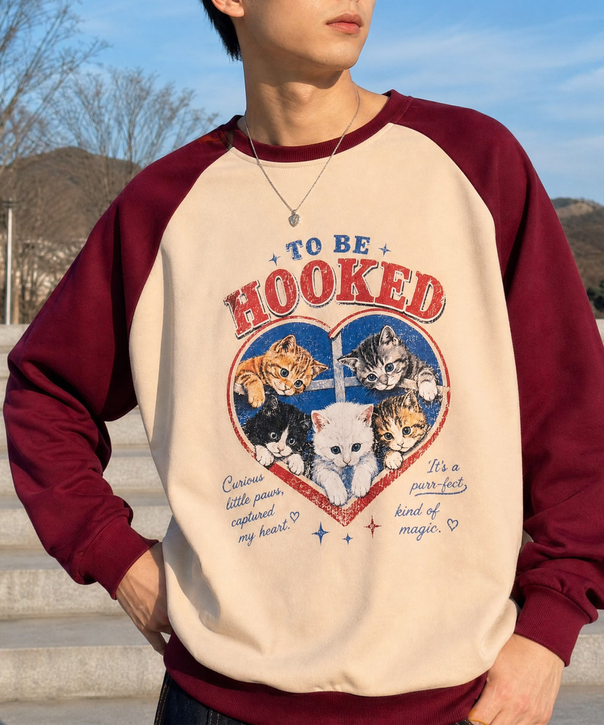 HOOK -original-　ハート猫プリントラグランスウェットプルオーバー
